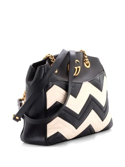Pre-owned Gucci Gg Marmont Chain Tote Matelasse Leather Medium Shoulder Bag In Black