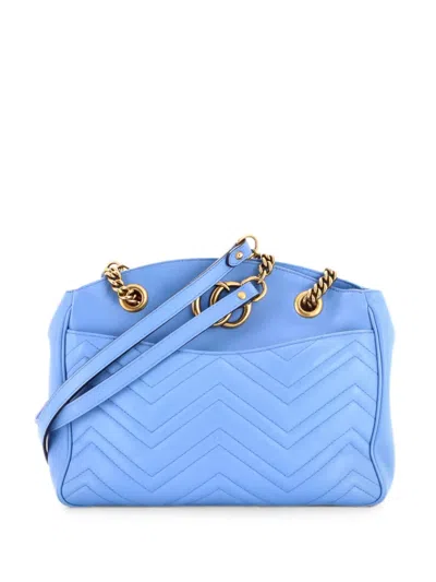 Pre-owned Gucci Gg Marmont Chain Tote Matelasse Leather Medium Shoulder Bag In Blue