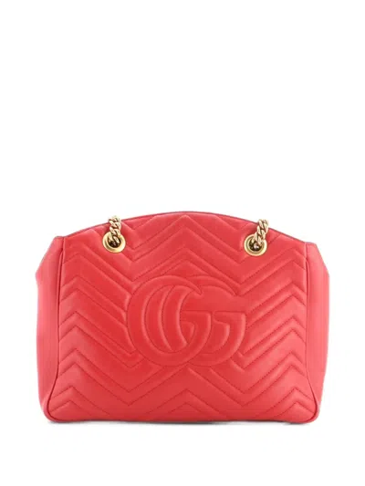 Pre-owned Gucci Gg Marmont Chain Tote Matelasse Leather Medium Shoulder Bag In Red