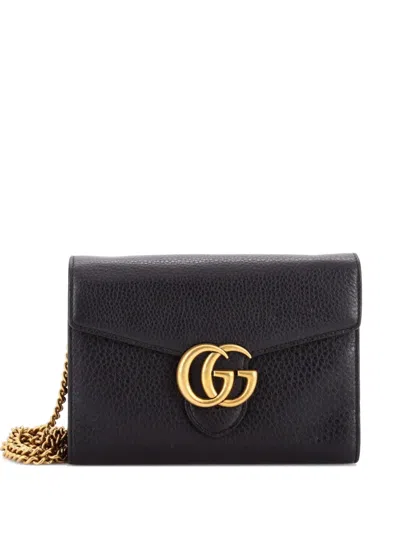 Pre-owned Gucci Gg Marmont Chain Wallet Leather Mini Clutch Bag In Black