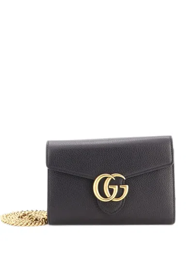 Pre-owned Gucci Gg Marmont Chain Wallet Leather Mini Clutch Bag In Black