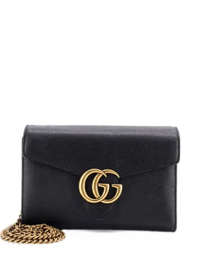 Pre-owned Gucci Gg Marmont Chain Wallet Leather Mini Clutch Bag In Black