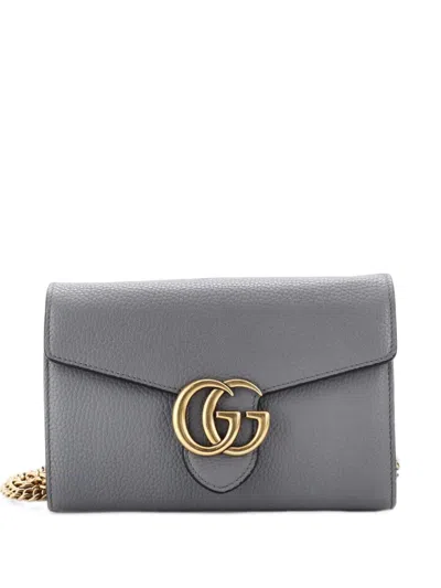Pre-owned Gucci Gg Marmont Chain Wallet Leather Mini Clutch Bag In Grey