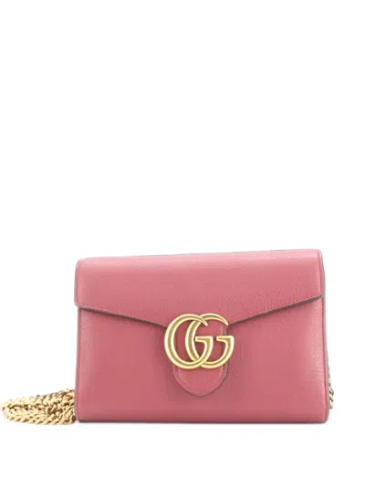 Pre-owned Gucci Gg Marmont Chain Wallet Leather Mini Clutch Bag In Pink