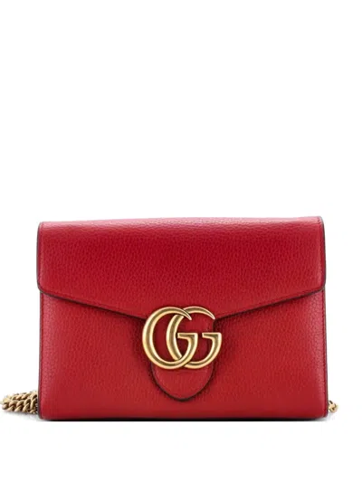 Pre-owned Gucci Gg Marmont Chain Wallet Leather Mini Clutch Bag In Red