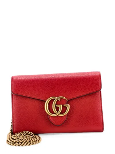 Pre-owned Gucci Gg Marmont Chain Wallet Leather Mini Clutch Bag In Red