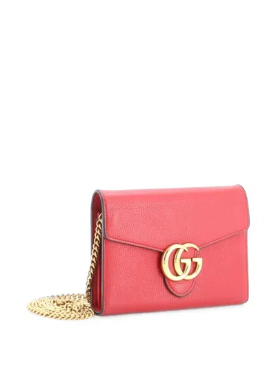 Pre-owned Gucci Gg Marmont Chain Wallet Leather Mini Clutch Bag In Red