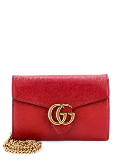 Pre-owned Gucci Gg Marmont Chain Wallet Leather Mini Clutch Bag In Red