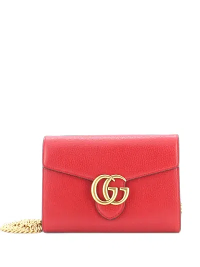 Pre-owned Gucci Gg Marmont Chain Wallet Leather Mini Clutch Bag In Red