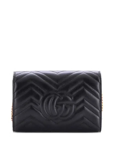 Pre-owned Gucci Gg Marmont Chain Wallet Matelasse Leather Mini Crossbody Bag In Black
