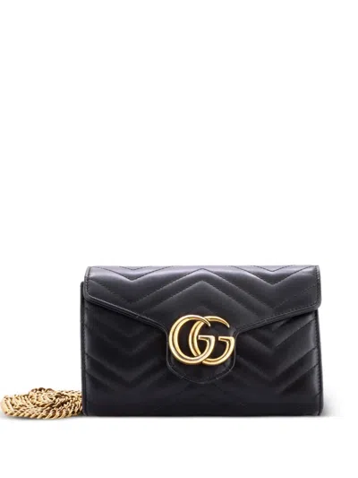 Pre-owned Gucci Gg Marmont Chain Wallet Matelasse Leather Mini Crossbody Bag In Black