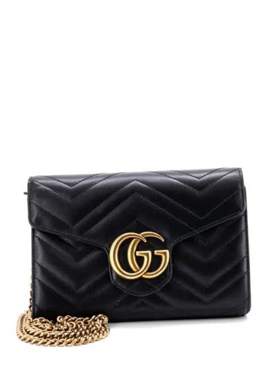 Pre-owned Gucci Gg Marmont Chain Wallet Matelasse Leather Mini Crossbody Bag In Black