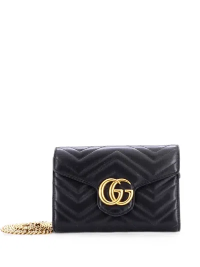 Pre-owned Gucci Gg Marmont Chain Wallet Matelasse Leather Mini Crossbody Bag In Black