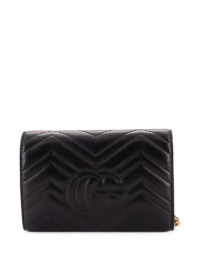 Pre-owned Gucci Gg Marmont Chain Wallet Matelasse Leather Mini Crossbody Bag In Black