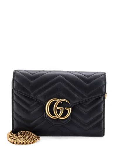 Pre-owned Gucci Gg Marmont Chain Wallet Matelasse Leather Mini Crossbody Bag In Black