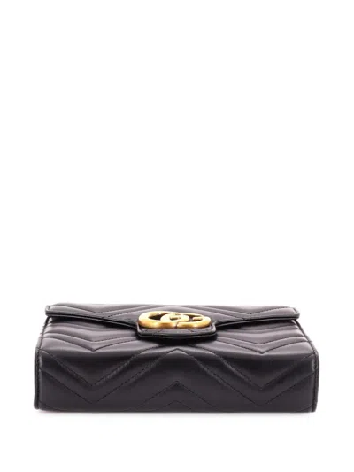 Pre-owned Gucci Gg Marmont Chain Wallet Matelasse Leather Mini Crossbody Bag In Black