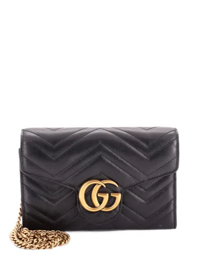 Pre-owned Gucci Gg Marmont Chain Wallet Matelasse Leather Mini Crossbody Bag In Black