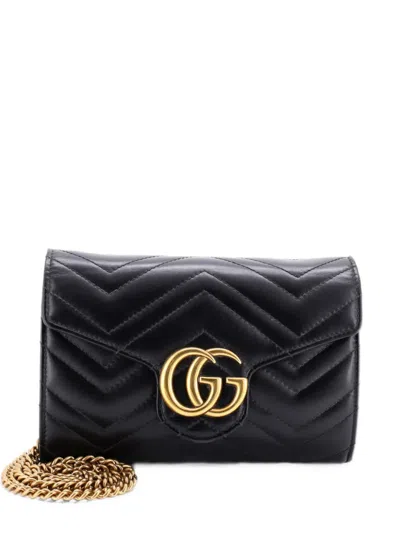 Pre-owned Gucci Gg Marmont Chain Wallet Matelasse Leather Mini Crossbody Bag In Black