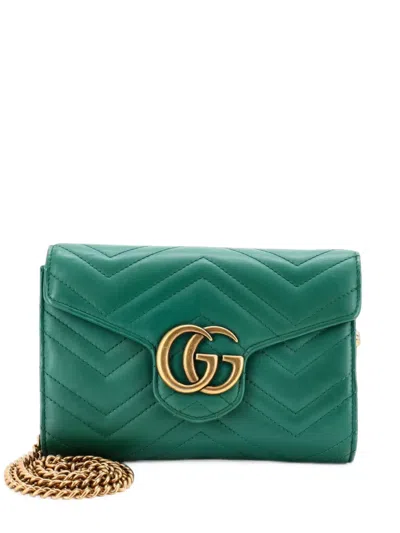Pre-owned Gucci Gg Marmont Chain Wallet Matelasse Leather Mini Crossbody Bag In Green