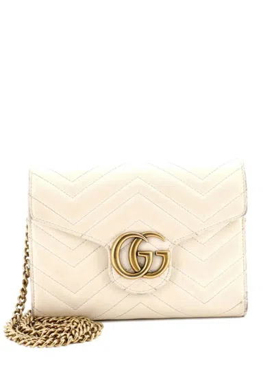 Pre-owned Gucci Gg Marmont Chain Wallet Matelasse Leather Mini Crossbody Bag In Neutral