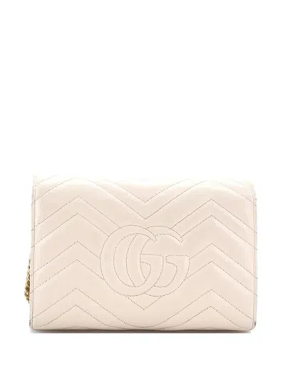 Pre-owned Gucci Gg Marmont Chain Wallet Matelasse Leather Mini Crossbody Bag In Neutral