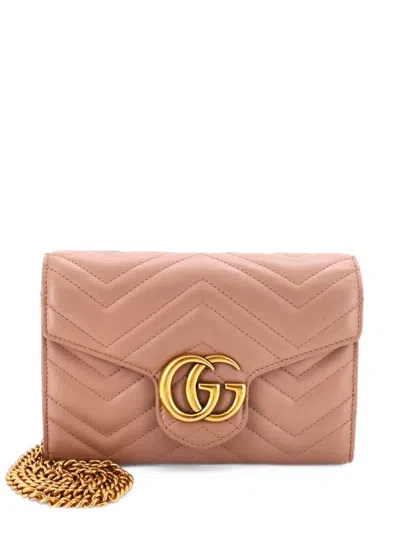 Pre-owned Gucci Gg Marmont Chain Wallet Matelasse Leather Mini Crossbody Bag In Neutrals