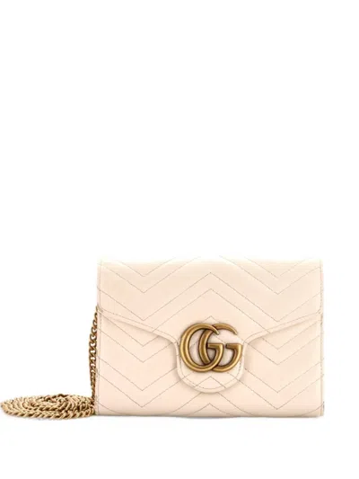 Pre-owned Gucci Gg Marmont Chain Wallet Matelasse Leather Mini Crossbody Bag In Neutrals