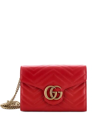 Pre-owned Gucci Gg Marmont Chain Wallet Matelasse Leather Mini Crossbody Bag In Red