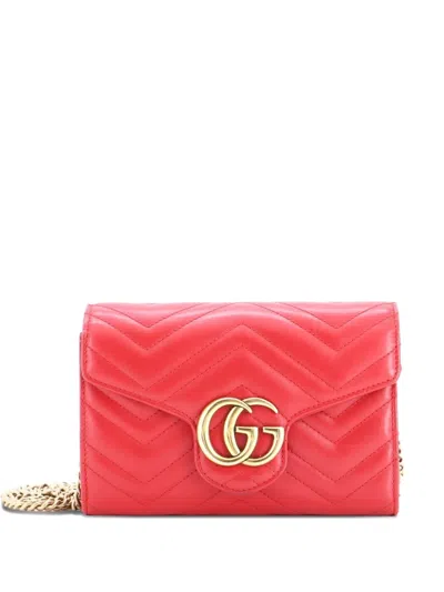 Pre-owned Gucci Gg Marmont Chain Wallet Matelasse Leather Mini Crossbody Bag In Red