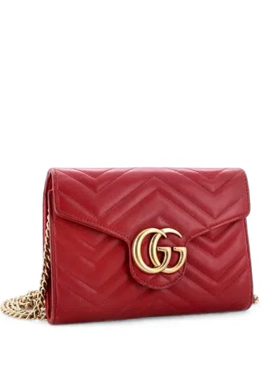 Pre-owned Gucci Gg Marmont Chain Wallet Matelasse Leather Mini Crossbody Bag In Red