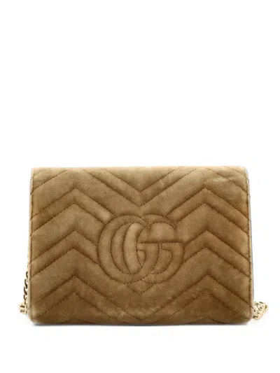 Pre-owned Gucci Gg Marmont Chain Wallet Matelasse Velvet Mini Shoulder Bag In Brown