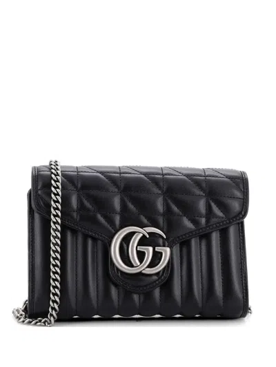 Pre-owned Gucci Gg Marmont Chain Wallet Mixed Matelasse Leather Mini Crossbody Bag In Black
