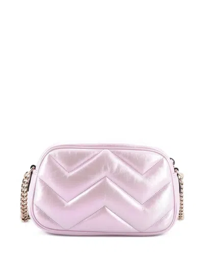 Pre-owned Gucci Gg Marmont Chevron Iridescent Leather Small Shoulder Bag In Pink