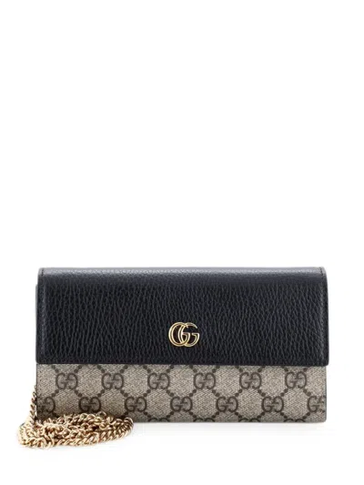 Pre-owned Gucci Gg Marmont Continental Chain Wallet Gg Coated Canvas And Leather Crossbody Bag In Black