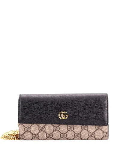 Pre-owned Gucci Gg Marmont Continental Chain Wallet Gg Coated Canvas And Leather Crossbody Bag In Black