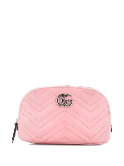 Pre-owned Gucci Gg Marmont Cosmetic Case Matelasse Leather Large Pouch In Pink