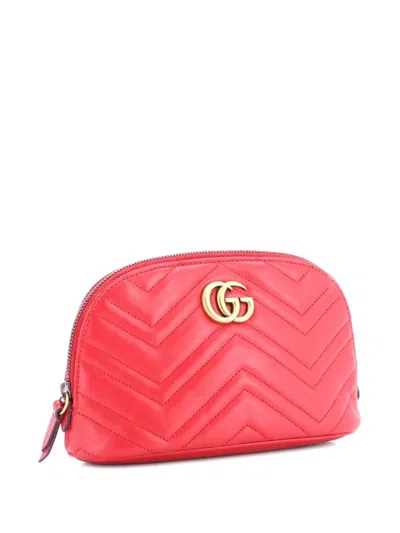 Pre-owned Gucci Gg Marmont Cosmetic Case Matelasse Leather Large Pouch In Red