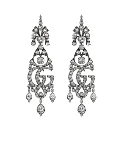 Gucci Gg Marmont Crystal Chandelier Earrings In Silver