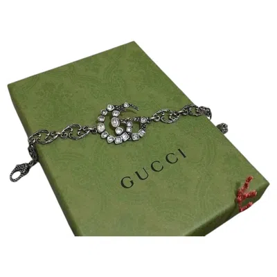 Pre-owned Gucci Gg Marmont Crystal Embellished Aged Silver-tone Chain Link Bracelet In Multi