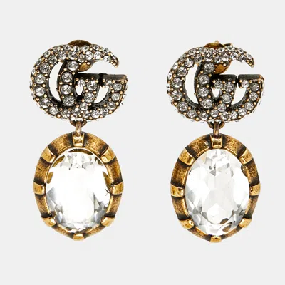 Pre-owned Gucci Gg Marmont Crystal Gold Tone Drop Earrings