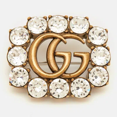 Pre-owned Gucci Gg Marmont Crystal Gold Tone Pin Brooch