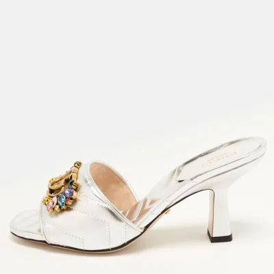 Pre-owned Gucci Gg Marmont Crystal Size 36 Silver Quilted Leather Slide Sandals