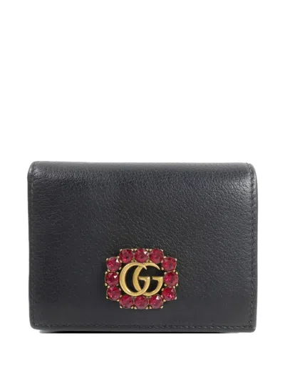 Pre-owned Gucci Gg Marmont Crystal-embellished Wallet In Black