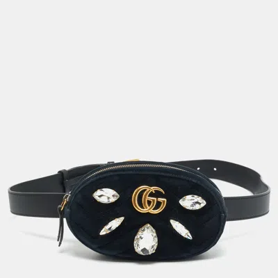 Pre-owned Gucci Gg Marmont Crystals Black Matelassé Velvet And Leather Belt Bag