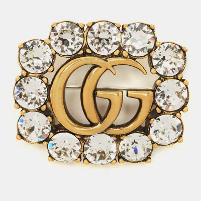 Pre-owned Gucci Gg Marmont Crystals Gold Tone Brooch