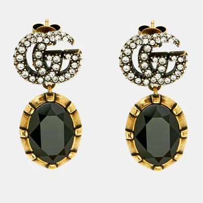 Pre-owned Gucci Gg Marmont Crystals Gold Tone Earrings