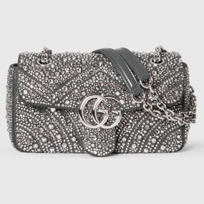Gucci Gg Marmont Crystals Small Shoulder Bag In Gray