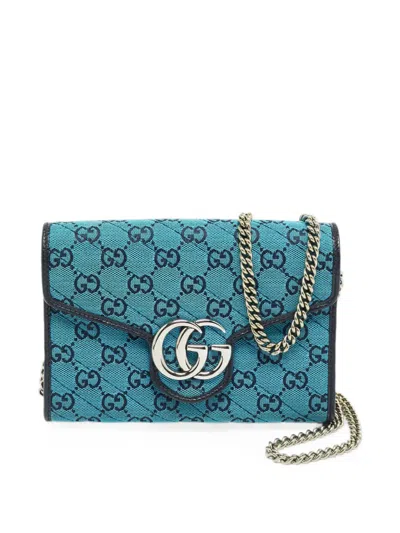Pre-owned Gucci Gg Marmont Diagonal Quilt Wallet On Chain In Blue
