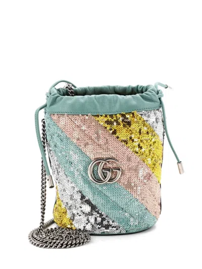 Pre-owned Gucci Gg Marmont Diagonal Quilted Sequins Mini Bucket Bag In Blue