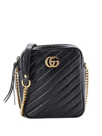 Pre-owned Gucci Gg Marmont Double Zip Camera Bag Diagonal Quilted Leather Mini Crossbody Bag In Black